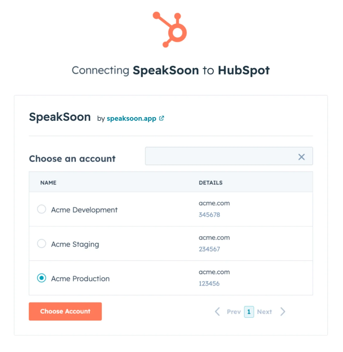 HubSpot Choose an account screen when connecting SpeakSoon to HubSpot