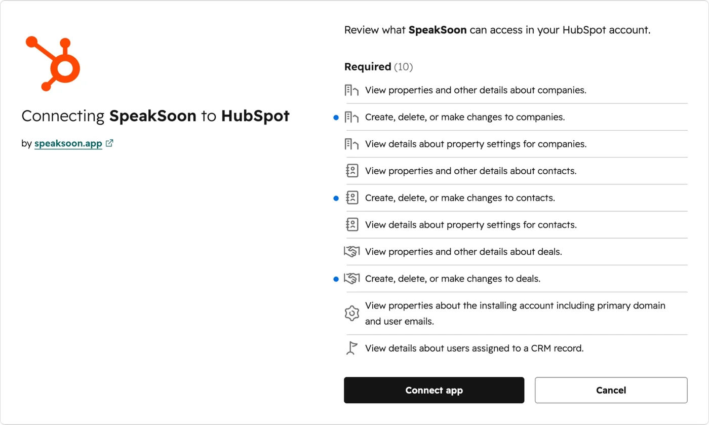 HubSpot access review screen listing the scopes SpeakSoon requests