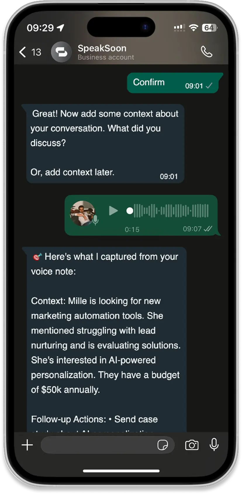 WhatsApp voice note context capture