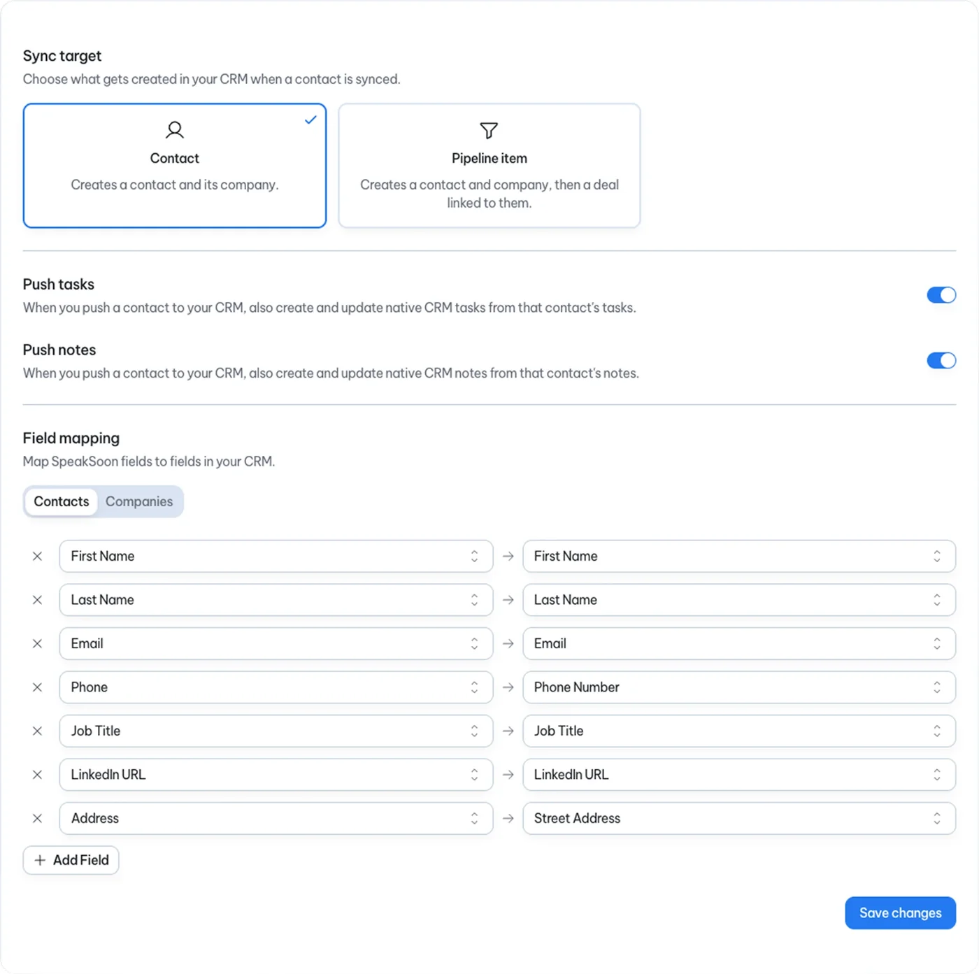 SpeakSoon HubSpot settings showing sync target, push tasks and notes toggles, and field mapping