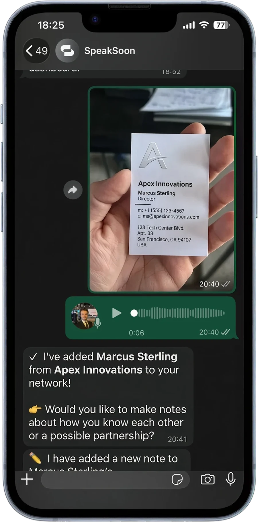 A business card and a voice note sent to SpeakSoon on WhatsApp, and the contact it added