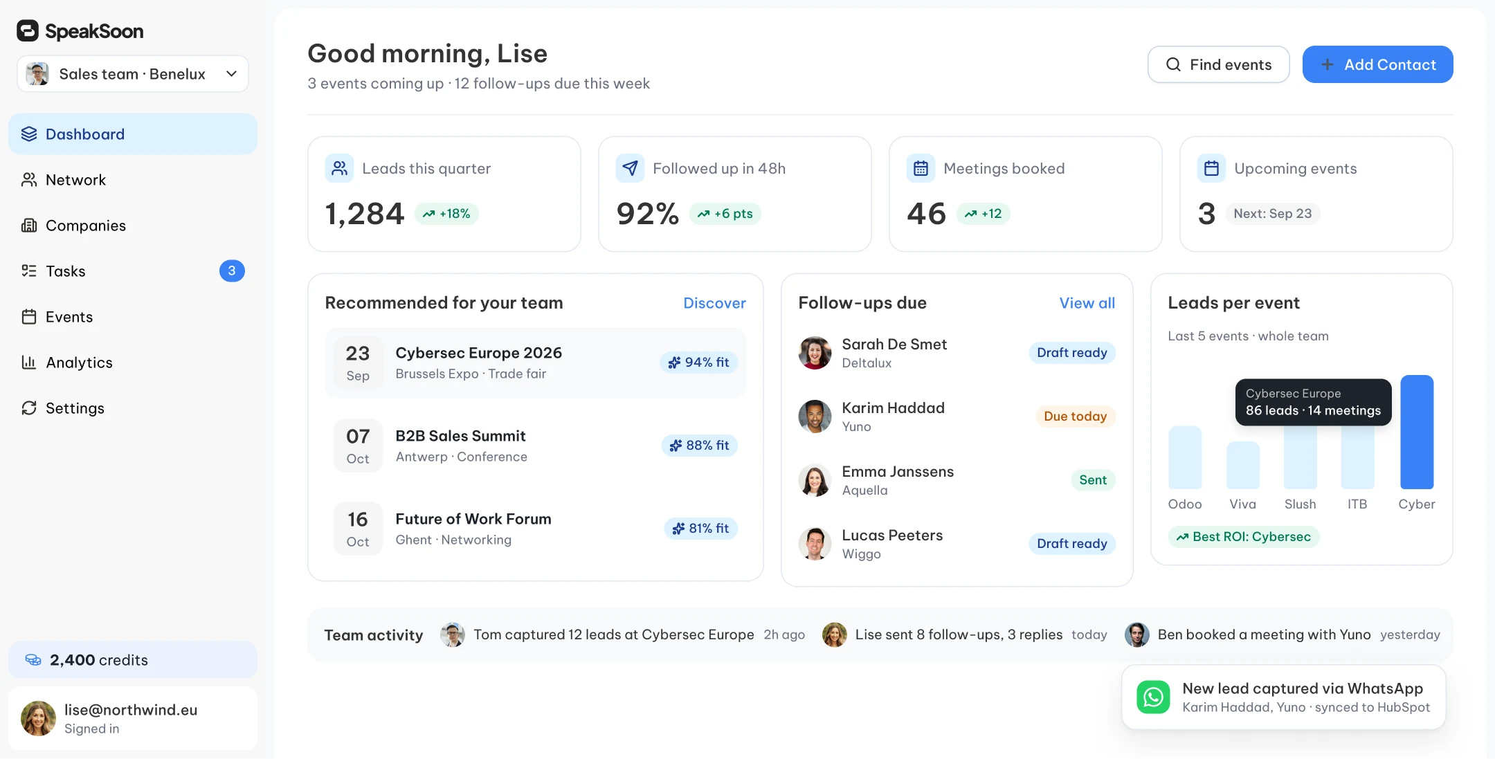 SpeakSoon dashboard: leads this quarter, follow-up rate, meetings booked, recommended events with fit scores, follow-ups due and leads per event