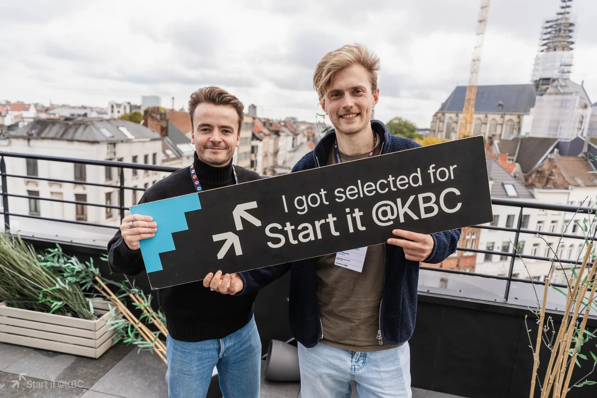 SpeakSoon co-founders at the Start it @KBC accelerator rooftop in Antwerp